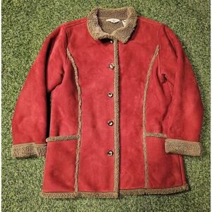 LL BEAN Womens Sherpa Faux Suede Winter Jacket size Medium Red Brown Teddy